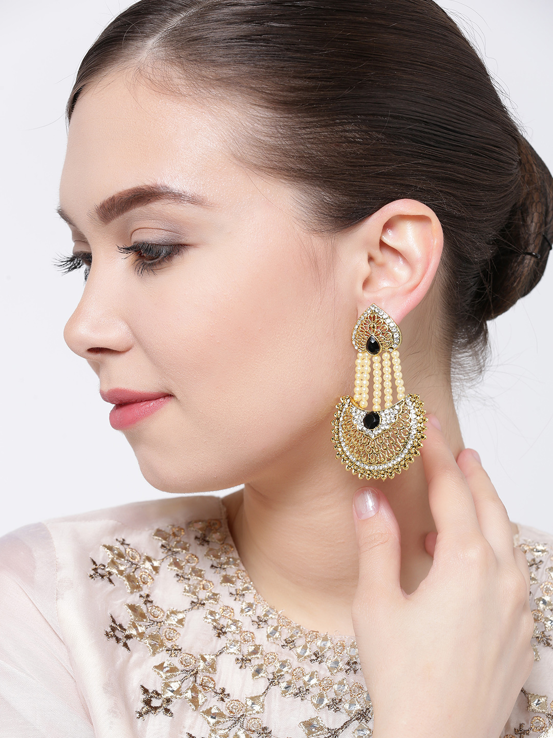 YouBella Off-White Gold-Plated Stone-Studded Beaded Chandbalis